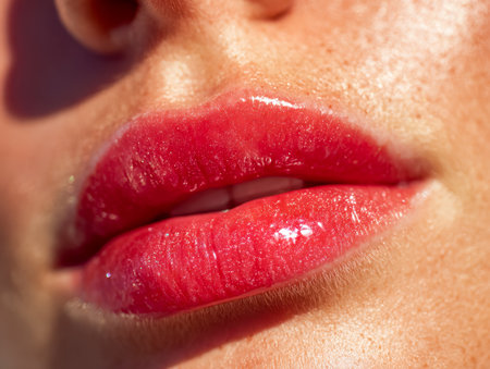 Juicy, lacquered crimson lips resting softly against flawless skin, capturing a moment of allure and sophistication with a sleek, polished finish.の写真素材