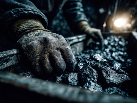 Weathered hands sift through dark, gritty coal beneath faint industrial illumination, capturing...