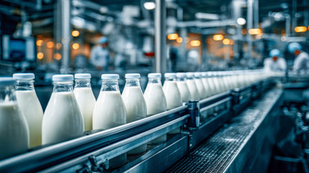 Sleek glass bottles of pristine milk glide smoothly on a high-tech conveyor system, with attentive...
