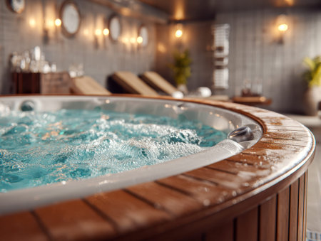 Warm golden light bathes a rustic tub filled with steaming, effervescent water, inviting serenity...