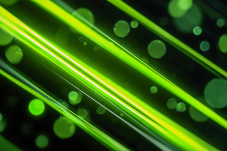 Neon green energy flows in swift arcs across a dark canvas, dotted with luminous spheres, evoking a...