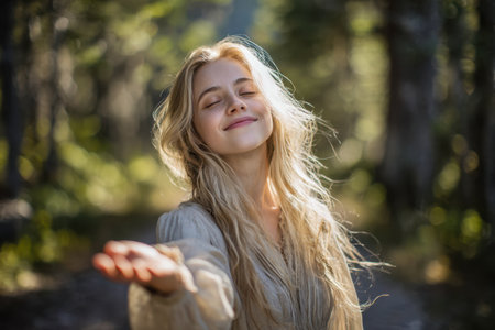A radiant young woman with sun-kissed blonde hair gently raises her hand amid dappled forest light, embodied tranquility and harmony with nature.のeditorial素材