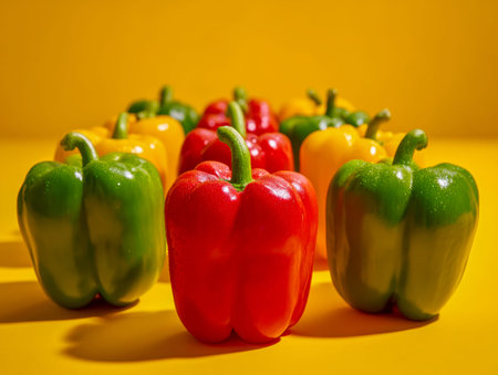 A vivid display of freshly sliced peppers in bold reds, greens, and yellows, artfully arranged on a...