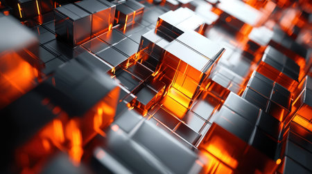 Sleek silver cubes with luminous orange accents hover in a neon-lit digital space, exuding advanced...