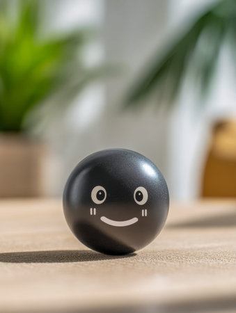 A cheerful black rubber sphere featuring a joyful grin rests on a wooden tabletop, illuminated by...