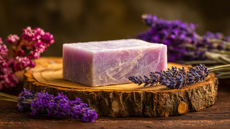 A handcrafted lavender soap rests atop a weathered wooden log, with delicate lavender blossoms...