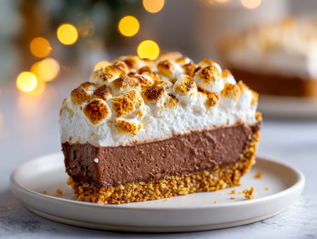 A luscious chocolate dessert crowned with golden toasted marshmallows, nestled in a crisp nut crust,...