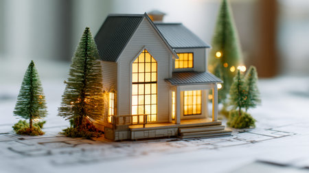 A detailed modern house replica glows softly amid tiny pine trees, positioned atop blueprints with...