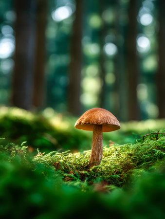 A peaceful woodland scene featuring a delicate mushroom nestled among vibrant greenery, with gentle...