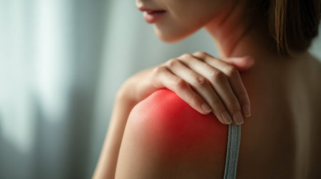 A woman softly cradles her shoulder, her expression subtle yet reflective of tenderness, with a gentle glow emphasizing the localized area of discomfort.のeditorial素材