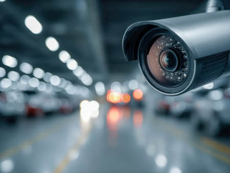 An internal security camera captures a sleek parking facility, with vibrant, out-of-focus lighting...