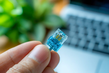 A hand grasps a vivid blue Ethernet plug amidst a softly blurred workspace featuring a laptop and...