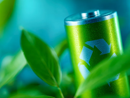 A eco-friendly power source depicted by a vibrant green rechargeable cell encircled by lush leaves, symbolizing clean energy, conservation, and sustainability initiativesのeditorial素材