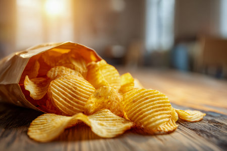 Golden, crinkled snacks cascade onto a rustic wooden tabletop, inviting a moment of indulgence and...