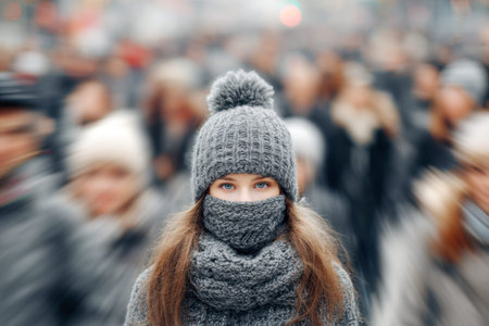 A serene young woman wearing a cozy knitted hat and scarf gazes intently, standing still amidst a...