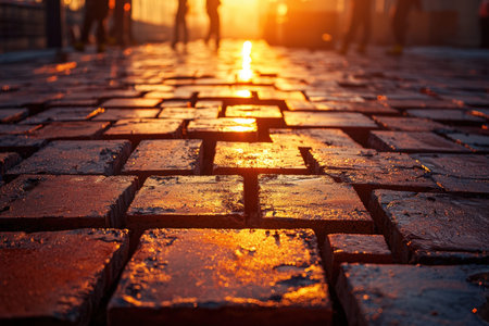 A quaint cobblestone pathway bathed in evening sunlight, casting a gentle amber glow and creating a...