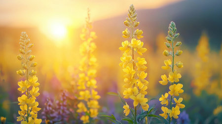 Bright yellow wildflowers sway under a vivid sunset glow, filling a lush meadow with warmth and serenity in a picturesque natural scene.の写真素材