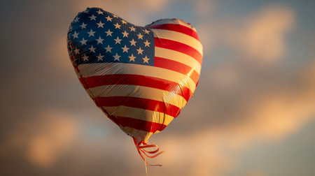 A vibrant heart-shaped balloon adorned with patriotic stars and stripes drifts gracefully beneath a...