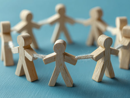 Wooden figures forming a collective circle, linked by a unifying rope, radiate harmony and...
