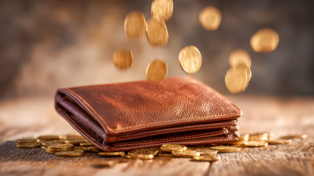 A crafted leather pouch spills shimmering coins onto a rustic wooden table, evoking a sense of...