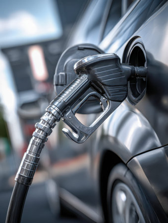 A sleek gray vehicle sits under a clear sky as a fueling wand engages its opening, capturing a...