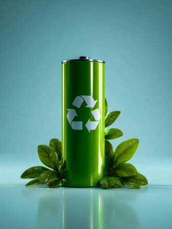 A vibrant green energy cell featuring a circular recycling icon amidst lush foliage, set against a...