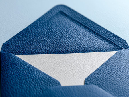 A sophisticated blue envelope with intricate grain detail peeks open, exposing crisp white paper,...