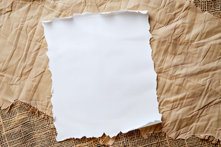 white sheet of paper on a brown background with a burlap texture