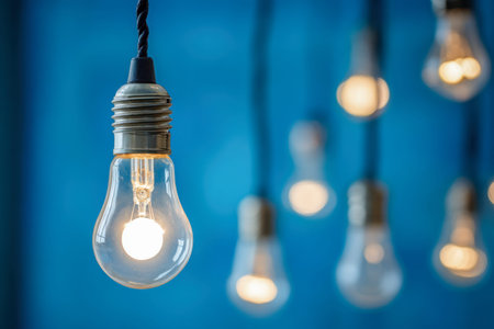 Vintage-inspired bulbs emit a soft glow, suspended against a lively blue backdrop, symbolizing spark...