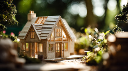 A tiny wooden structure rests amidst lush foliage, basking in warm sunlight that highlights its natural textures and tranquil outdoor environment.の写真素材