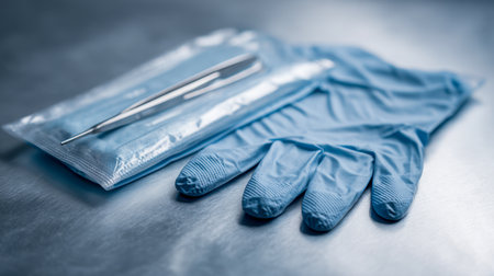 Pristine hand protection and precise tools rest on a reflective metallic backdrop, evoking a clinical atmosphere ready for intricate proceduresの写真素材