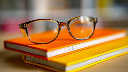 Elegant eyewear casualy placed atop colorful hardcovers, set against a warm wooden table that evokes...