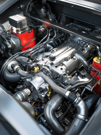 A close-up of a racing engine showcasing gleaming metal parts and complex tubing, illustrating...