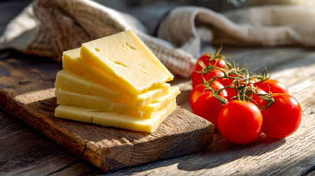 Juicy, sun-ripened tomatoes alongside creamy cheese slices are artfully arranged on a textured wooden surface, evoking a rustic, fresh flavor perfect for a coastal picnic.の写真素材