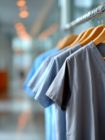 Vibrant medical uniforms are meticulously arranged on wooden hangers in a sunlit corridor, with a blurred backdrop of clinical lights and a spacious, organized healthcareの写真素材