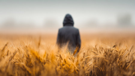 A solitary figure in a dark hoodie gazes across a vast, amber-hued wheat field, mist lingering in...