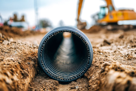 A detailed view highlights a sizable plastic conduit, set against a bustling construction...