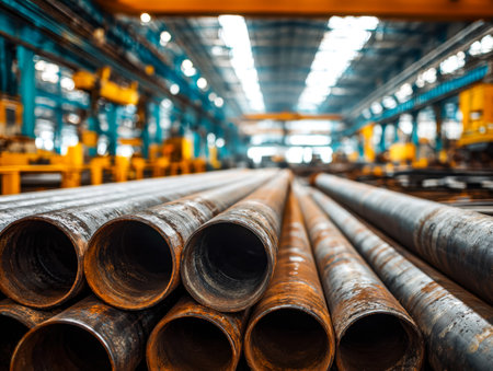 Stacks of durable steel cylinders are arranged in spacious warehouse aisles, reflecting a rugged industrial atmosphere.の写真素材