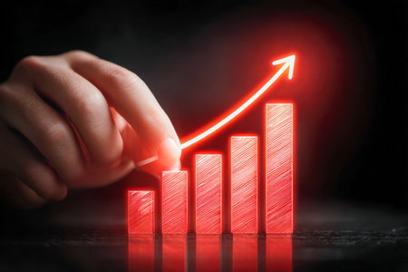 A human hand sketches a vibrant red increasing chart with a soaring arrow on a dark backdrop, capturing themes of progress, ambition, and business achievement.の写真素材