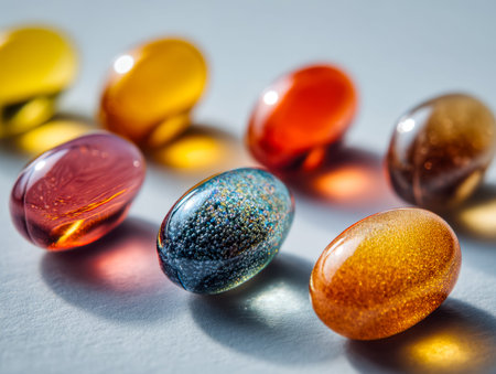 Vibrant glass spheres with intricate textures and radiant reflections spread across a light, neutral...