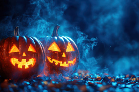 Two glowing jack-o'-lanterns with menacing grins cast flickering light against a misty backdrop, evoking a chilling autumn night ambiance.の写真素材