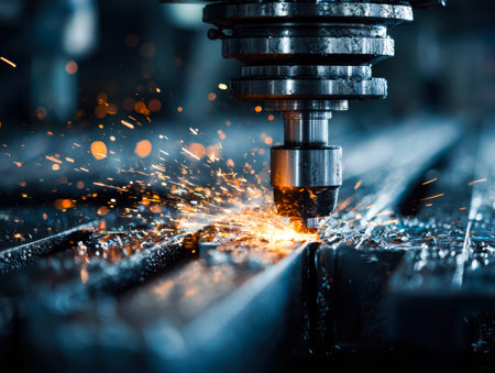Bright sparks fly as a high-powered laser meticulously slices through metallic sheets, showcasing...