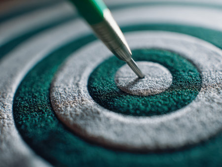 A sleek pen tip aligns precisely with the vibrant center of a green and white target, embodying...