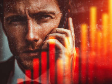 A determined professional grips a smartphone amidst a backdrop of vibrant, amber-hued data visuals,...