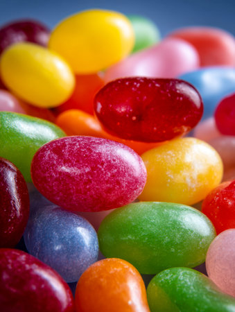 A vivid assortment of gleaming jelly beans in bright shades, arranged playfully to evoke joy, making...