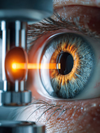A detailed view of an eye during a sophisticated diagnostic procedure, illuminated by a vivid orange...