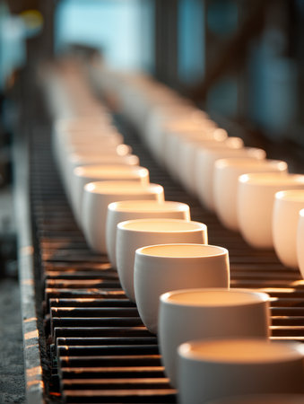 Handcrafted ceramic cups glide along a sleek metal belt, their polished glazes glowing softly under inviting sunlight in a bustling studio.の写真素材