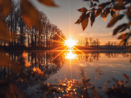 A serene evening scene featuring a still lake mirroring leafless trees and vibrant orange leaves,...