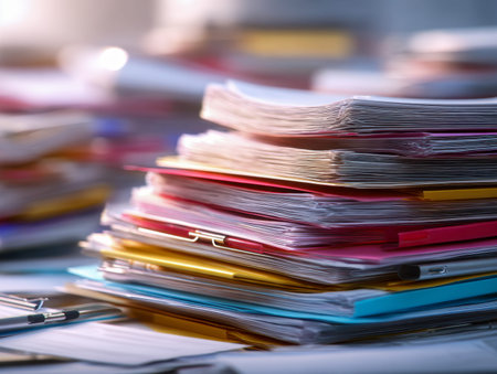 A chaotic arrangement of vibrant folders and scattered papers clutter a busy workspace, illustrating...