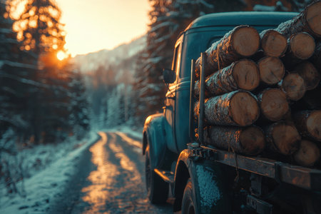 An aged vehicle transports freshly cut timber through a winter landscape, bathed in warm sunset hues amid silent, snow-covered woodland.の写真素材